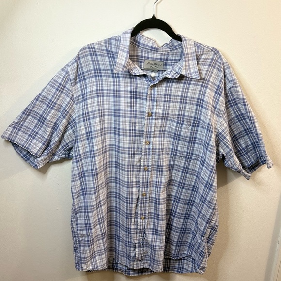 Eddie Bauer Short Sleeve Blue Plaid Button-Up Shirt Size Tall XL - Picture 1 of 3
